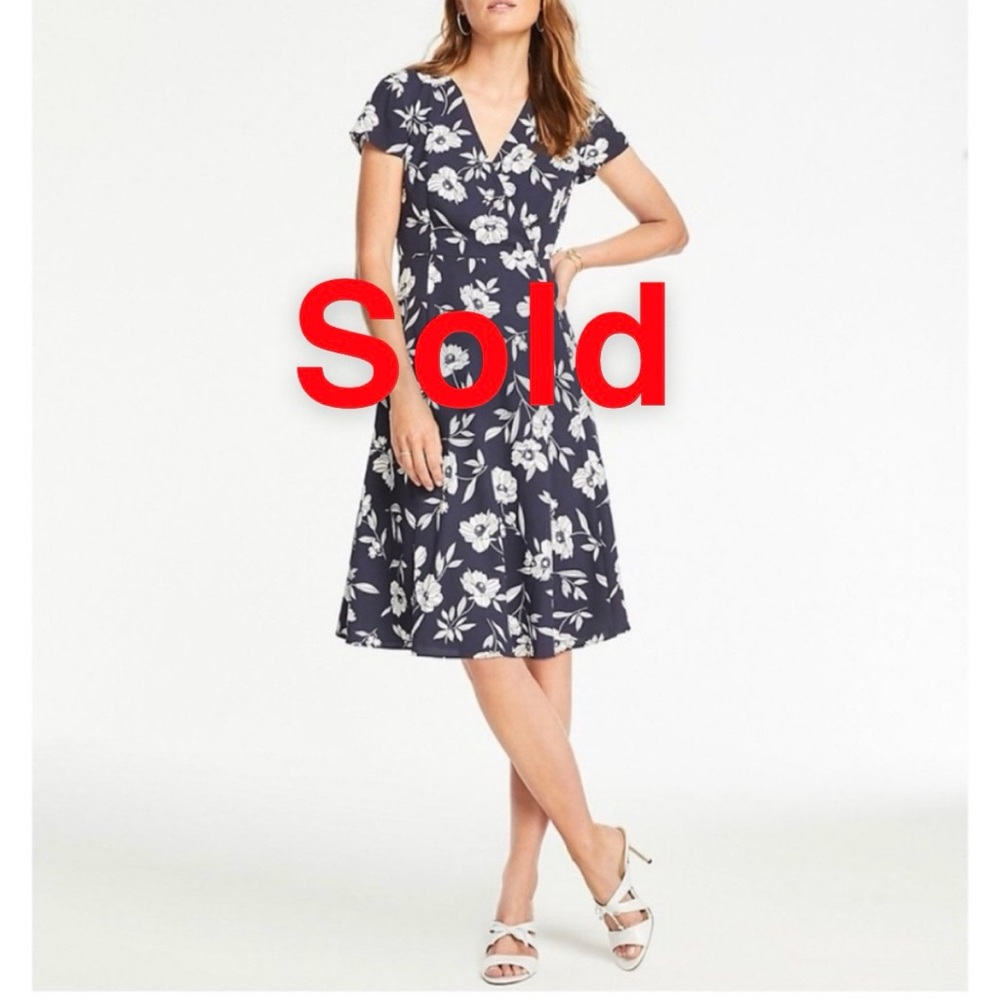 Ann Taylor Floral Flutter Sleeve Wrap Dress Navy